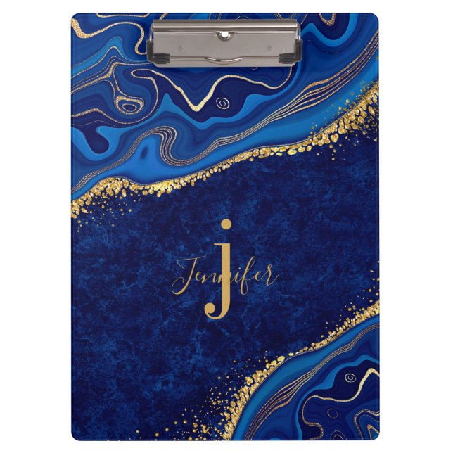 Gold and Blue Agate Modern Elegant Marble Custom  Clipboard (Front)