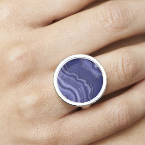 Gold And Blue Agate Stone Marble Geode Modern Art  Ring