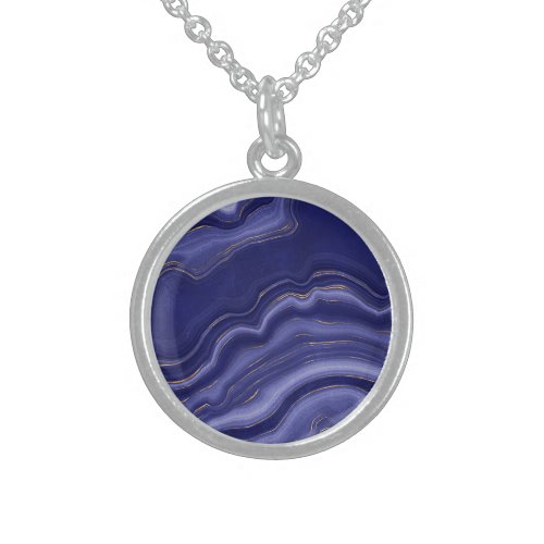 Gold And Blue Agate Stone Marble Geode Modern Art  Sterling Silver Necklace
