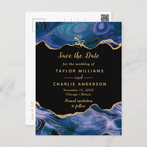 Gold and Blue Agate Wedding Save The Date Postcard