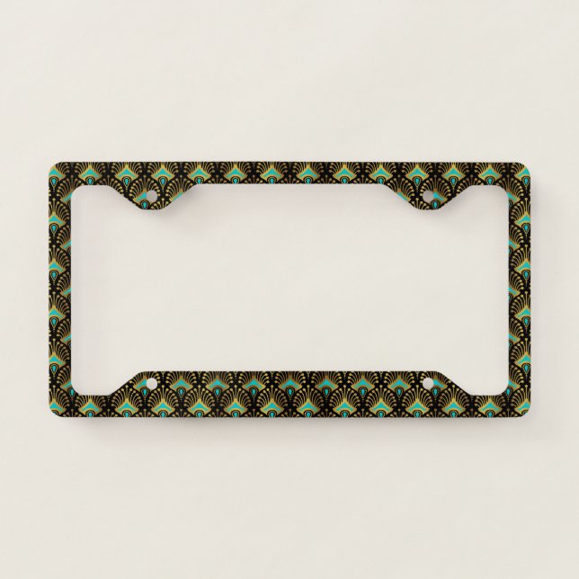 Gold and blue art-deco geometric pattern license plate frame (Front)