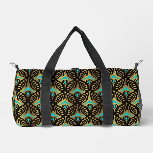 Gold and Blue Art Deco Pattern Monogram Duffle Bag