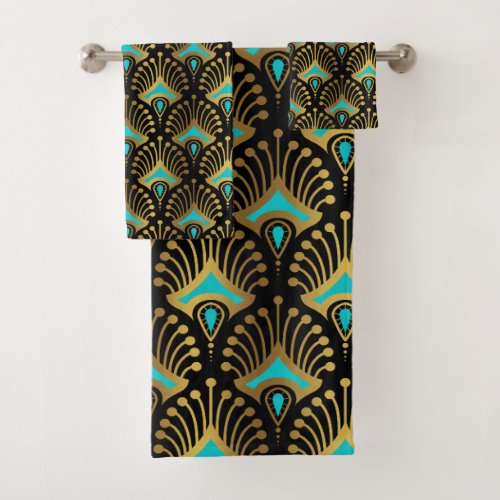 Gold and blue Art Deco pattern on black Bath Towel Set