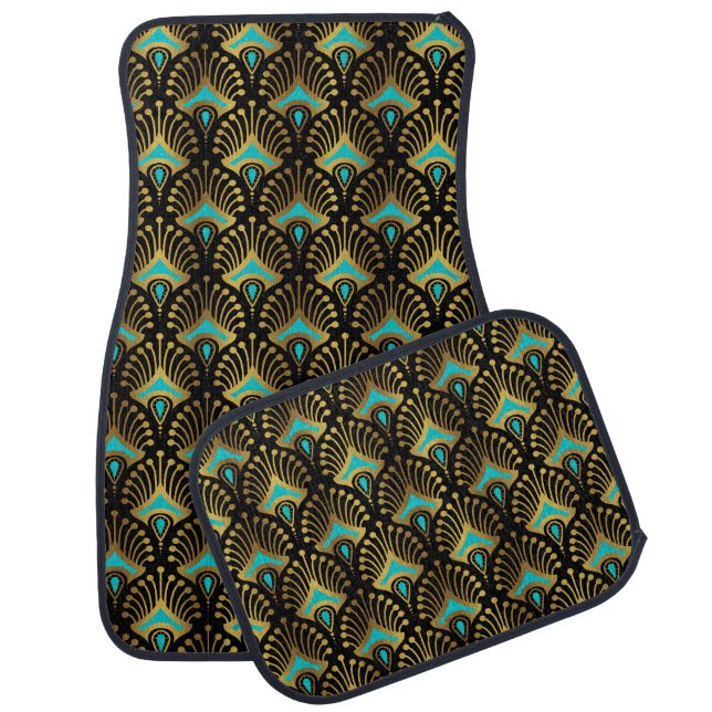Gold and blue Art Deco pattern on black Car Floor Mat (Set)
