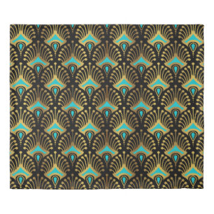 Gold and blue Art Deco pattern on black Duvet Cover