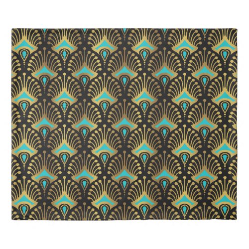 Gold and blue Art Deco pattern on black Duvet Cover