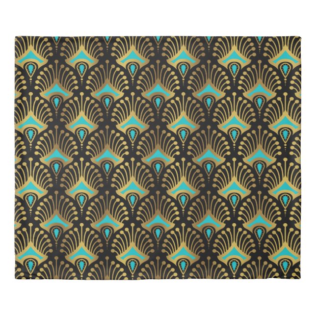 Gold and blue Art Deco pattern on black Duvet Cover (Front)