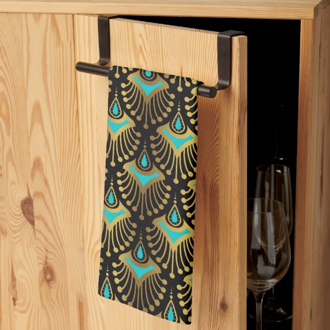 Gold and blue Art Deco pattern on black Kitchen To Kitchen Towel (Thirds Fold)