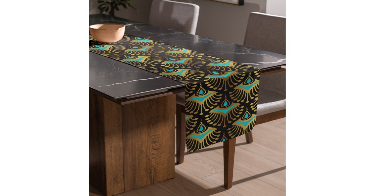 Gold and blue Art Deco pattern on black Long Table Runner | Zazzle