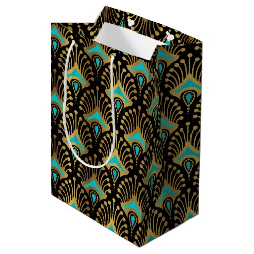 Gold and blue Art Deco pattern on black Medium Gift Bag