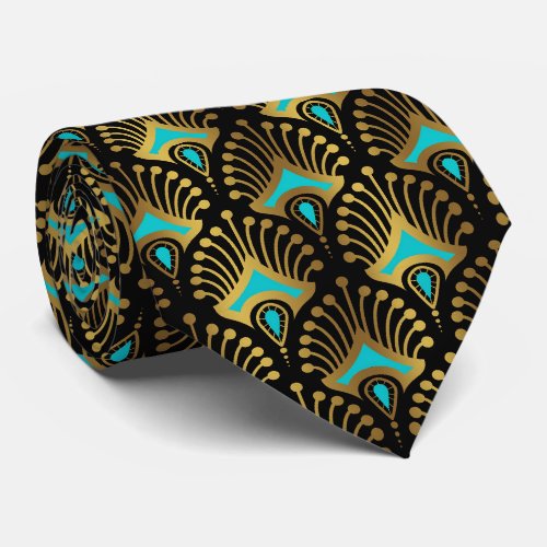 Gold and blue Art Deco pattern on black Neck Tie
