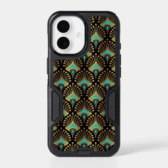 Gold and blue Art Deco pattern on black Otterbox iPhone Case (Back)