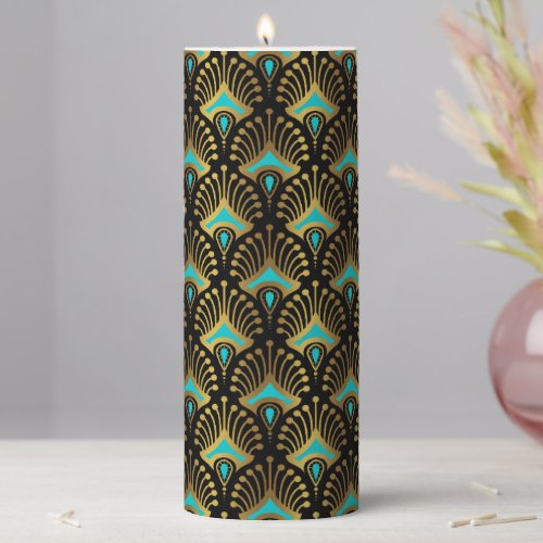Gold and blue Art Deco pattern on black Pillar Candle