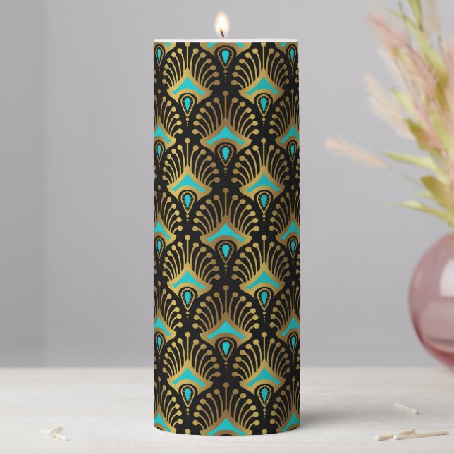 Gold and blue Art Deco pattern on black Pillar Candle (In Situ)
