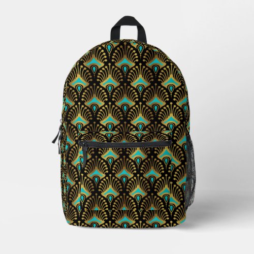 Gold and blue Art Deco pattern on black Printed Backpack