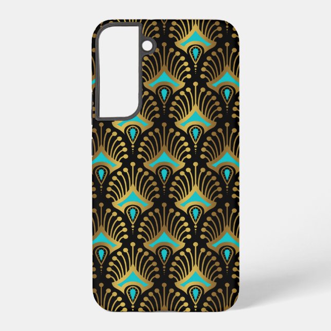 Gold and blue Art Deco pattern on black Samsung Galaxy Case (Back)