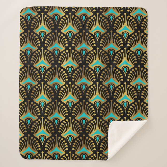 Gold and blue Art Deco pattern on black Sherpa Blanket (Front)