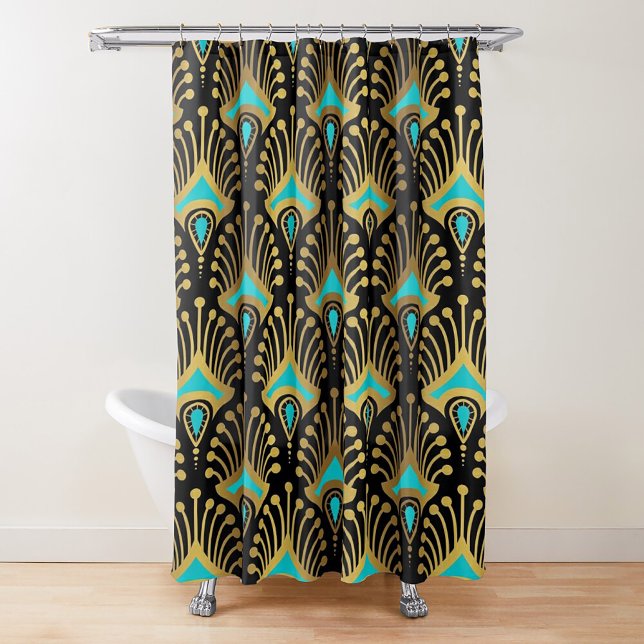 Gold and blue Art Deco pattern on black Shower Curtain (Creator Uploaded)