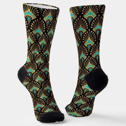 Gold and blue Art Deco pattern on black Socks