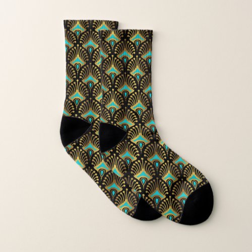 Gold and blue Art Deco pattern on black Socks