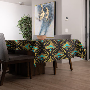 Gold and blue Art Deco pattern on black Tablecloth