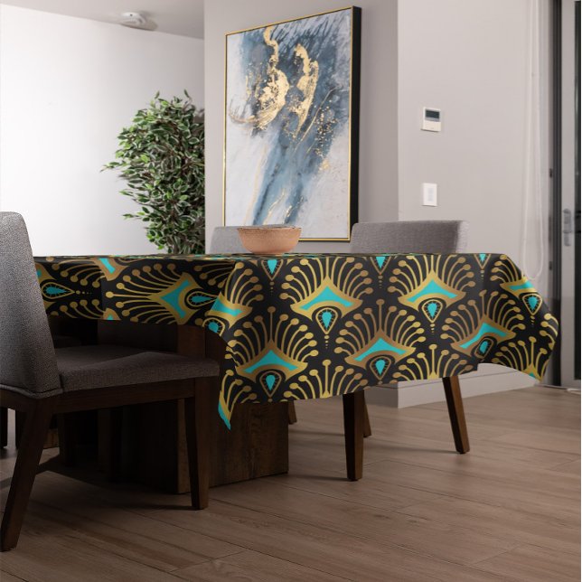 Gold and blue Art Deco pattern on black Tablecloth (Creator Uploaded)