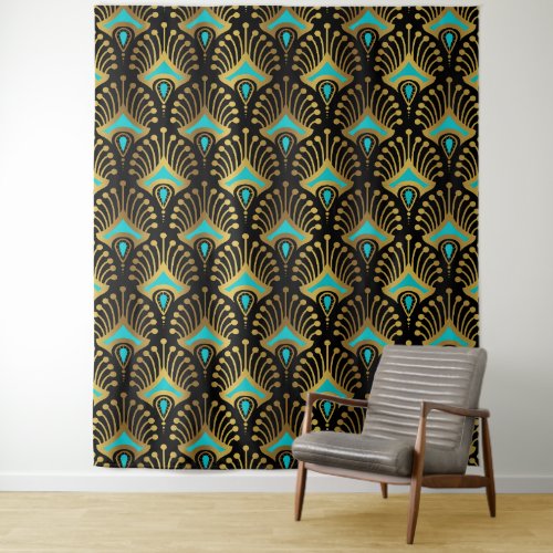 Gold and blue Art Deco pattern on black Tapestry