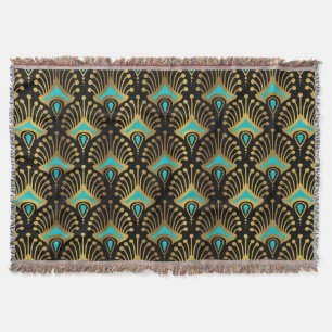 Gold and blue Art Deco pattern on black Throw Blanket