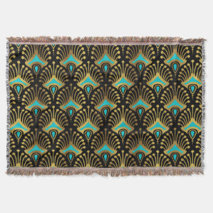 Gold and blue Art Deco pattern on black Throw Blanket