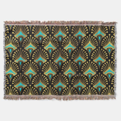 Gold and blue Art Deco pattern on black Throw Blanket