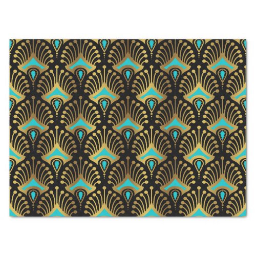 Gold and blue Art Deco pattern on black Tissue Paper