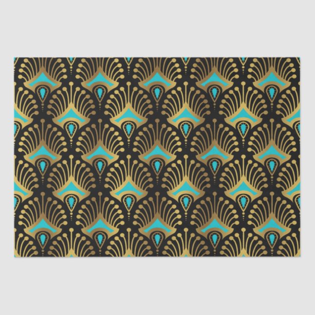 Gold and blue Art Deco pattern on black Tissue Paper (Front)