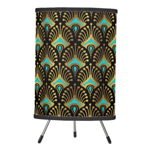 Gold and blue Art Deco pattern on black Tripod Lamp