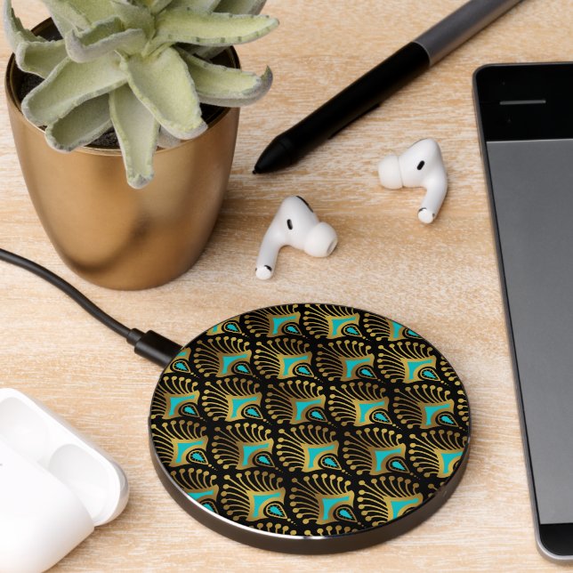 Gold and blue Art Deco pattern on black Wireless Charger (Desk 2)