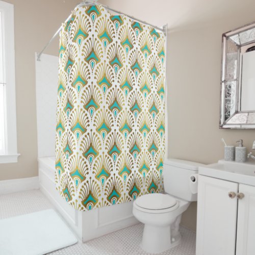 Gold and blue Art Deco pattern on White Shower Curtain