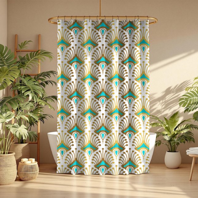 Gold and blue Art Deco pattern on White Shower Curtain (Creator Uploaded)