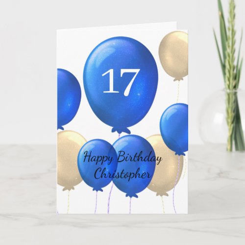 Gold and Blue Balloons 17th Birthday Card