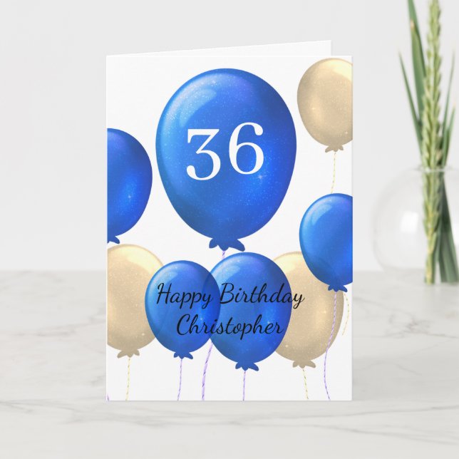 Gold and Blue Balloons 36th Birthday Card (Front)
