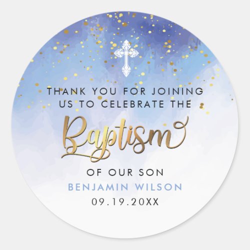 Gold And Blue Baptism Thank You Classic Round Sticker