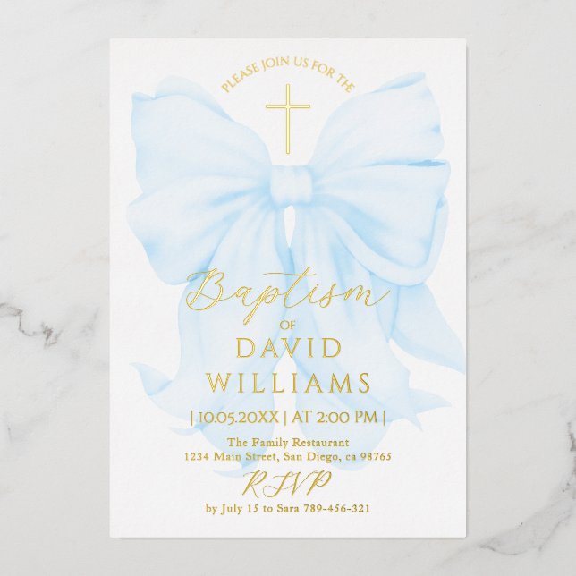 Gold and Blue Bow Boy Baptism Elegant Digital Foil Invitation (Front)