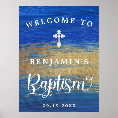 Gold And Blue Boy Baptism Welcome Poster