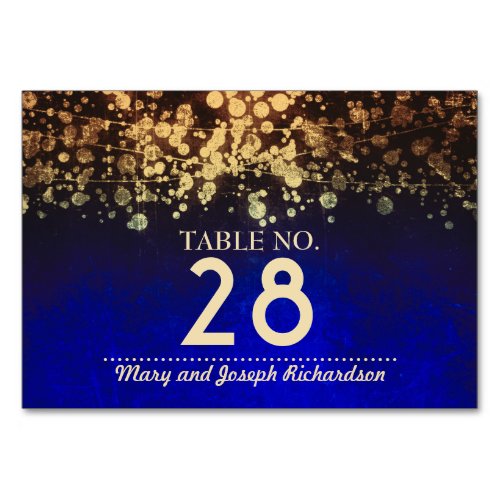 Gold and Blue Chic String lights Wedding Table Number