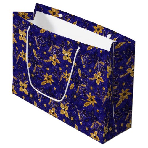 Gold and Blue Christmas Poinsettia Flowers Large Gift Bag