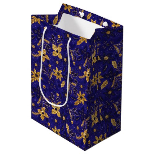 Gold and Blue Christmas Poinsettia Flowers Medium Gift Bag