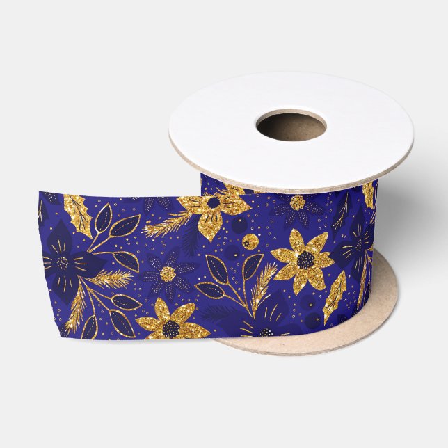 Gold and Blue Christmas Poinsettia Flowers Satin Ribbon (Spool)