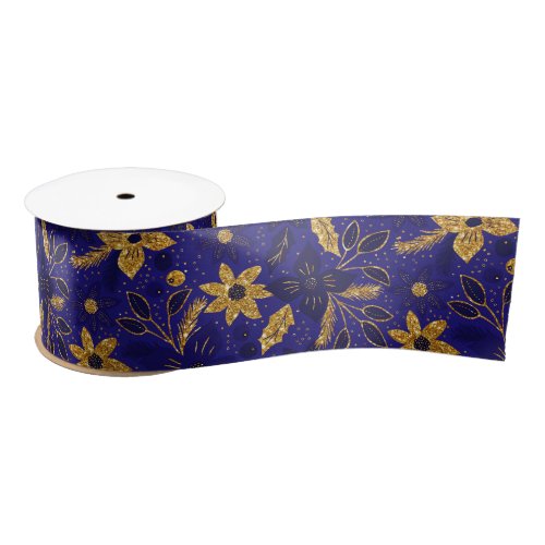 Gold and Blue Christmas Poinsettia Flowers Satin Ribbon