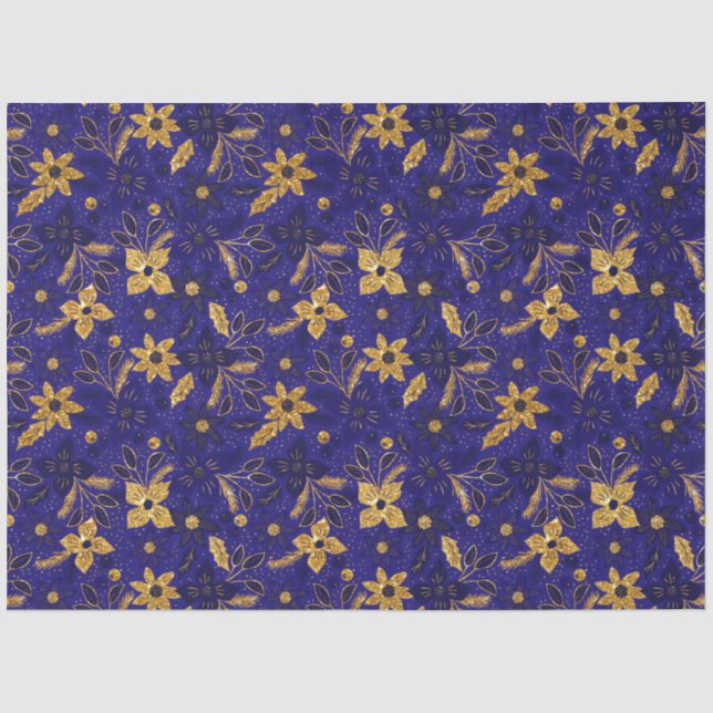Gold and Blue Christmas Poinsettia Flowers Tissue Paper (Front)