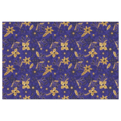 Gold and Blue Christmas Poinsettia Flowers Tissue Paper