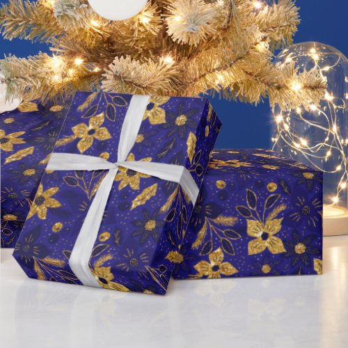 Gold and Blue Christmas Poinsettia Flowers Wrapping Paper