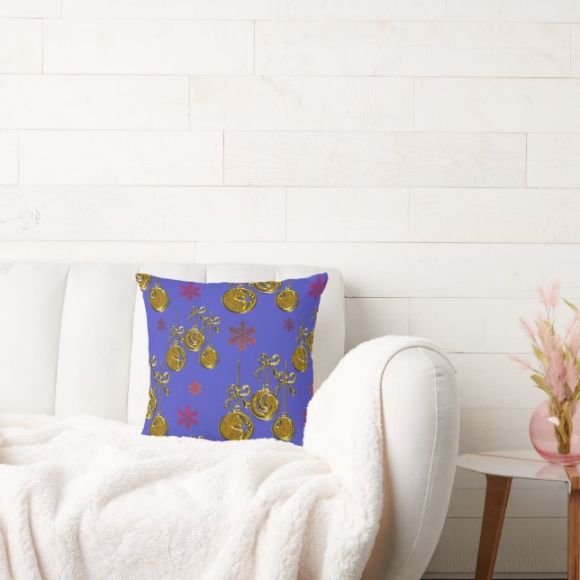 Gold and Blue Christmas Throw Pillow (Couch)